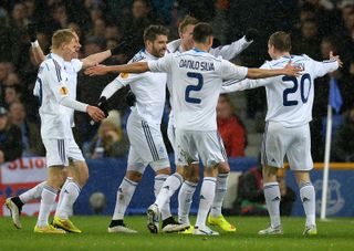 Dynamo Kyiv players celebrate a goal against Everton in the Europa League in March 2015.