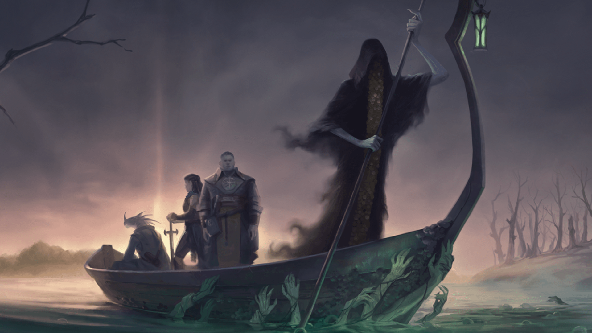 The grim reaper ferries a set of souls across the styx in D&D's 2024 Dungeon Master's Guide.