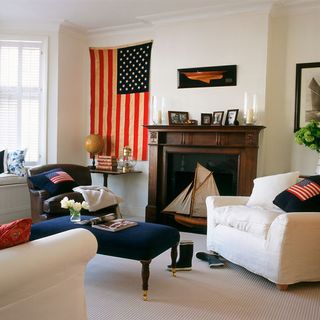 living room with star and striped wall hanging