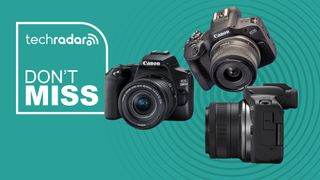 Three Canon cameras on a green background with a don't miss TechRadar deals logo