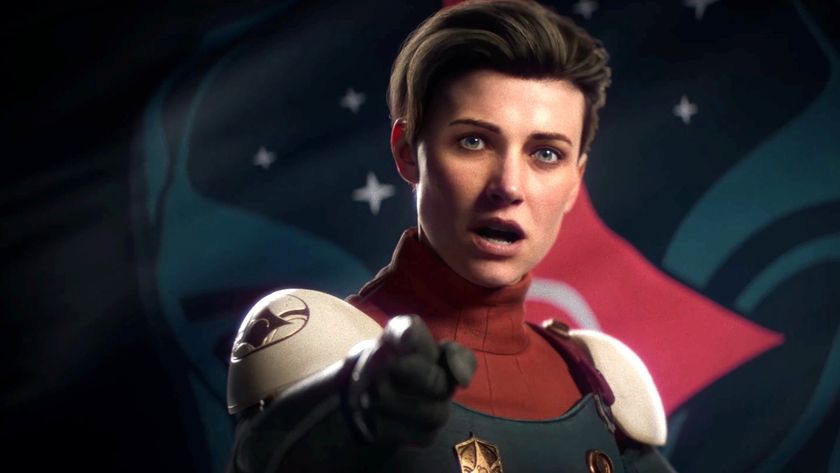Space captain woman with cropped hair pointing at camera