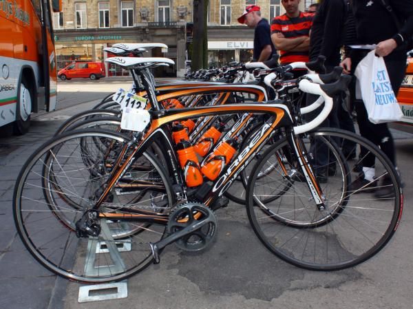 Euskaltel-Euskadi's familiar black and orange Orbea Orcas await the start of Scheldeprijs.