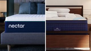 Nectar Premier Hybrid vs DreamCloud Premier Hybrid mattress, with Nectar on the left and DreamCloud on the right