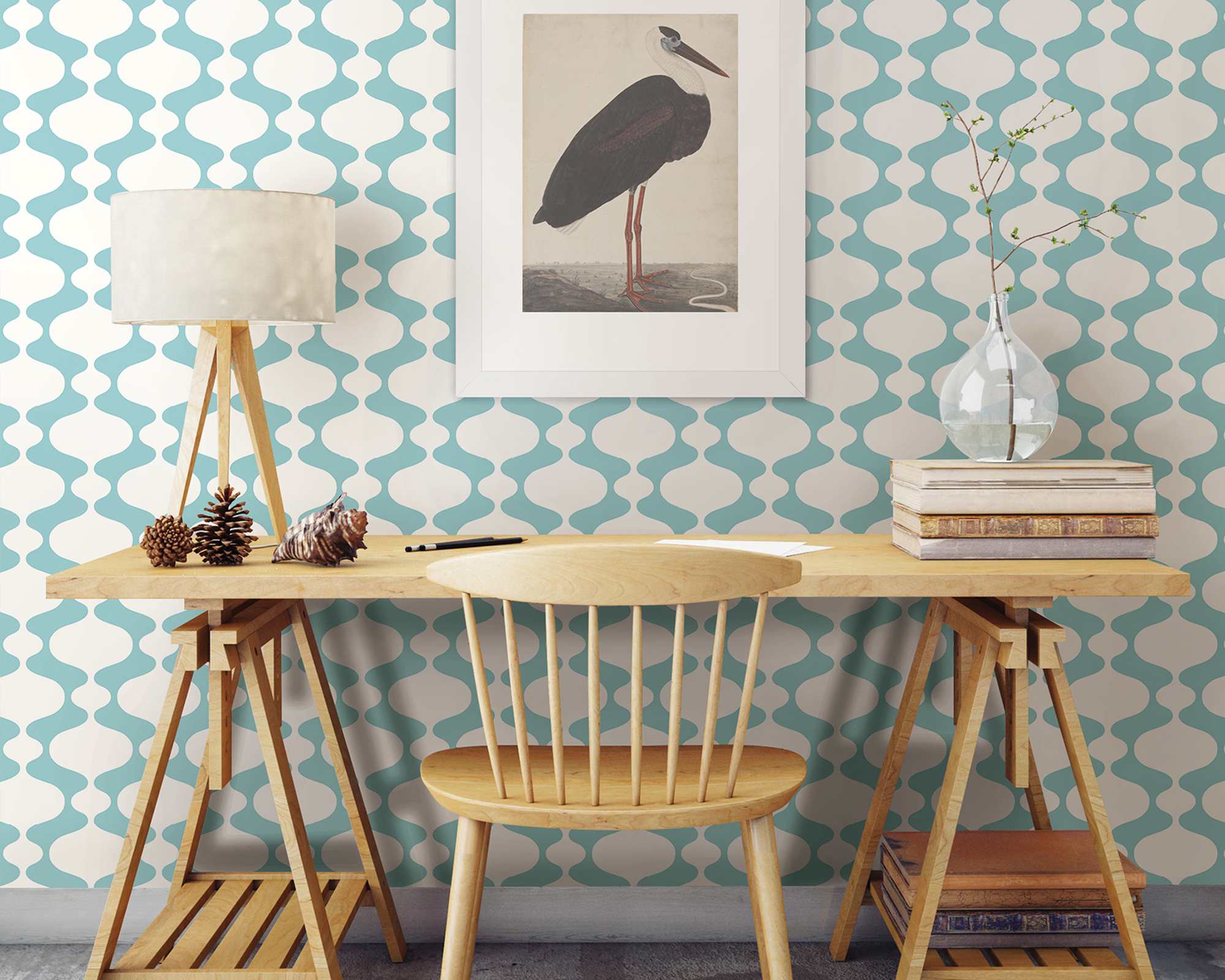 Light blue wallpaper with wooden desk idea by Wayfair