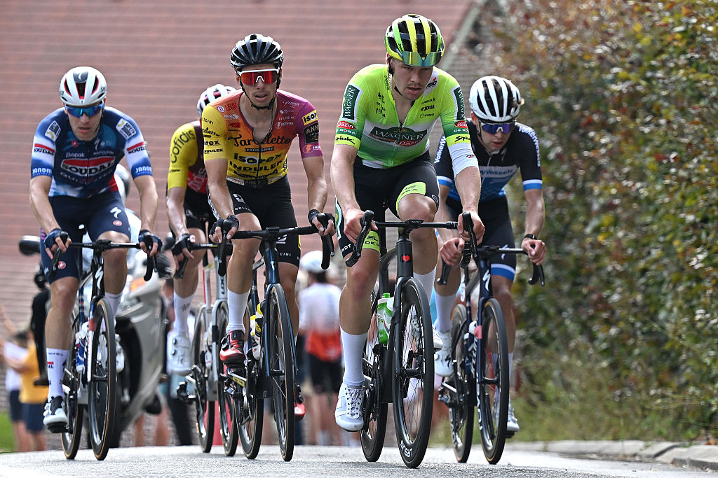 MONT-DE-L'ENCLUS, BELGIUM - AUGUST 15: (L-R) Gianni Marchand of Belgium and Team Tarteletto - Isorex and Tom Portsmouth of Great Britain and Team Wagner Bazin WB compete in the breakaway during the 84th Circuit Franco-Belge 2025 a 206.7km one day race from Tournai to Mont-de-l'Enclus on August 15, 2025 in Mont-de-l'Enclus, Belgium. (Photo by Luc Claessen/Getty Images)