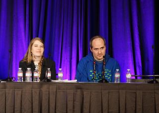 Tarn Adams, right, speaking with developer Tanya Short at GDC 2016