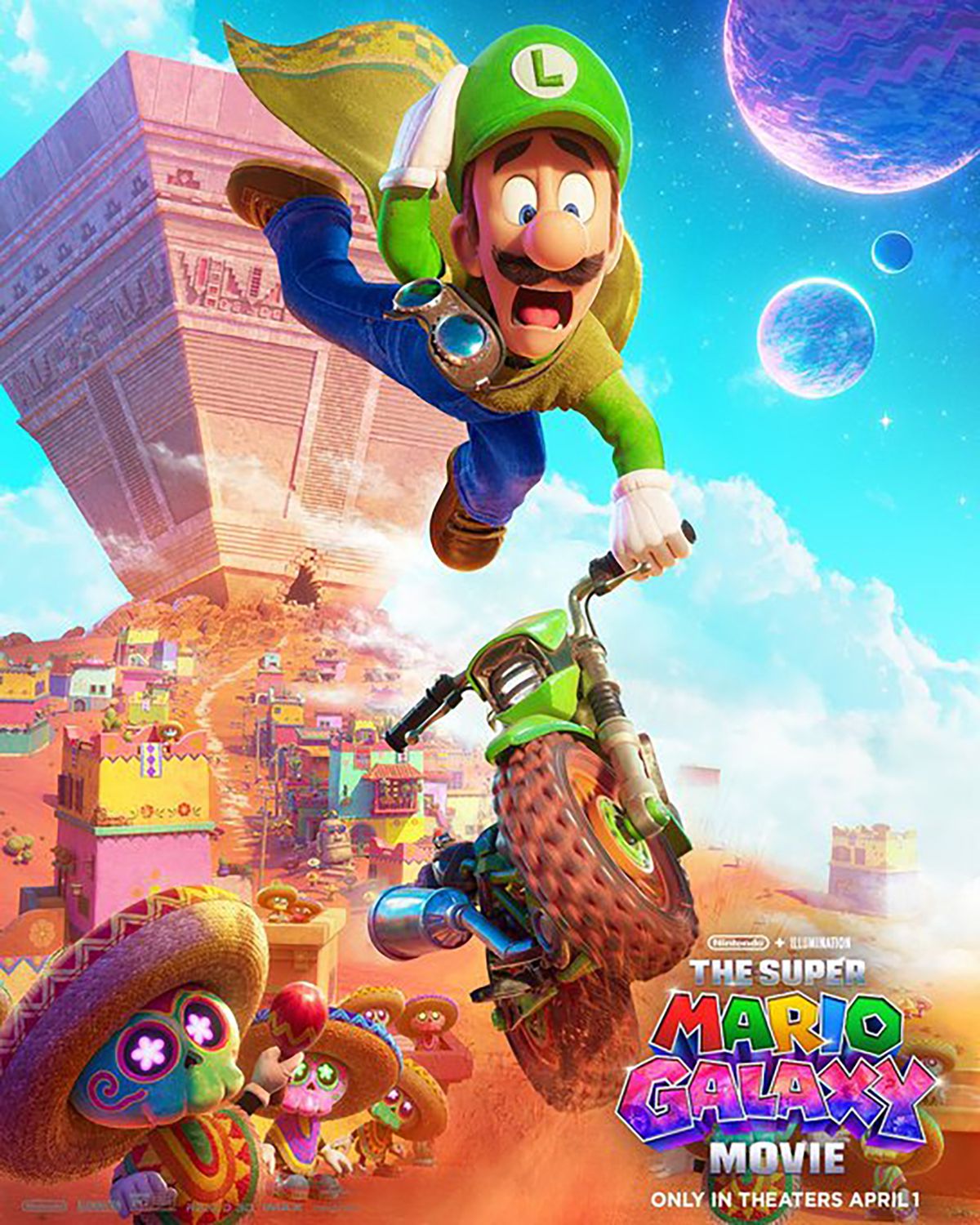 Luigi leaping through the air on a dirtbike, trying to hang on
