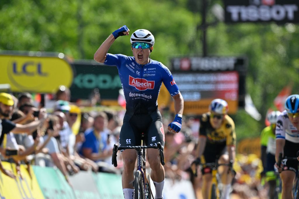 Belgian Jasper Philipsen of AlpecinDeceuninck celebrates after winning the third stage of the Tour de France cycling race a 1874 km race from AmorebietaEtxano to Bayonne France Monday 03 July 2023 This years Tour de France takes place from 01 to 23 July 2023 BELGA PHOTO DIRK WAEM Photo by DIRK WAEM BELGA MAG Belga via AFP Photo by DIRK WAEMBELGA MAGAFP via Getty Images