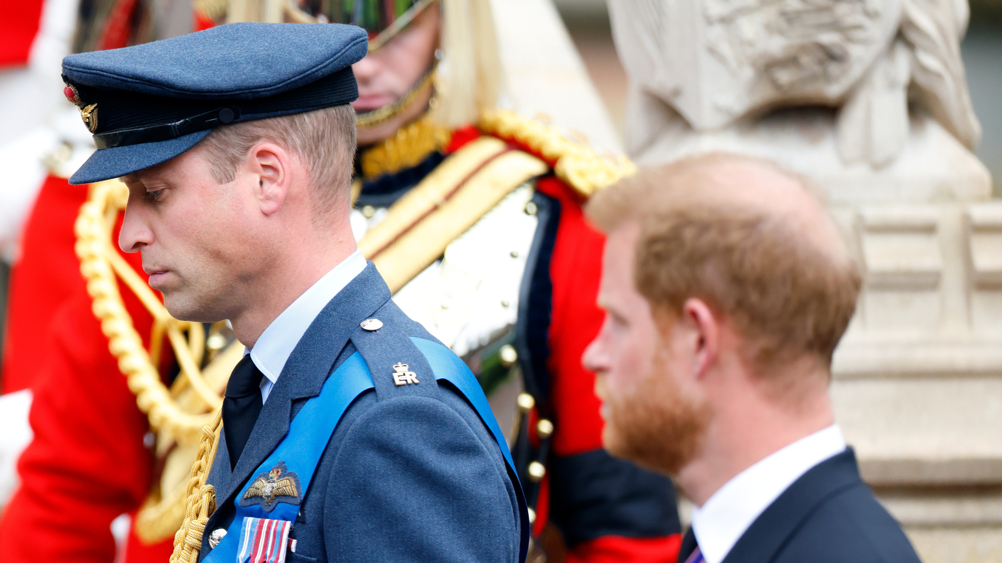 Prince William, Prince of Wales and Prince Harry, Duke of Sussex attend the Committal Service for Queen Elizabeth II at St George's Chapel, Windsor Castle on September 19, 2022 in Windsor, England.