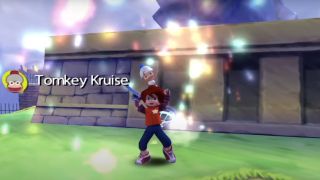 A boy captures Tomkey Kruise in the park in Ape Escape 2.