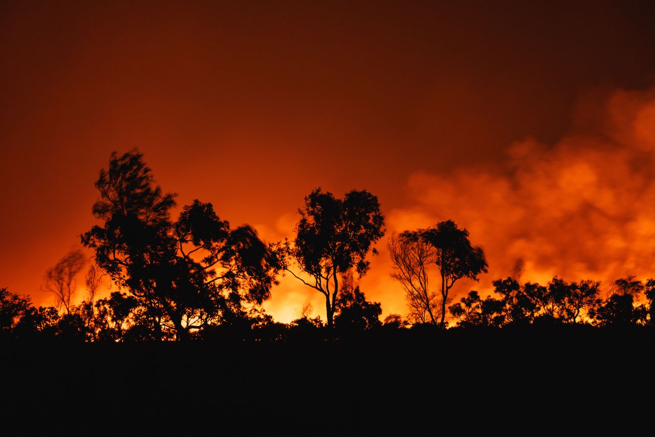 A photo of a bush fire at night in Australia.