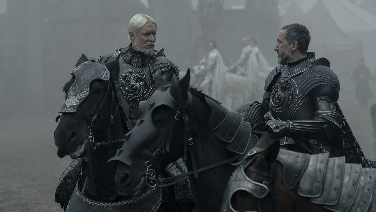 Maekar and Baelor wearing their armour and on horseback in A Knight of the Seven Kingdoms episode 4