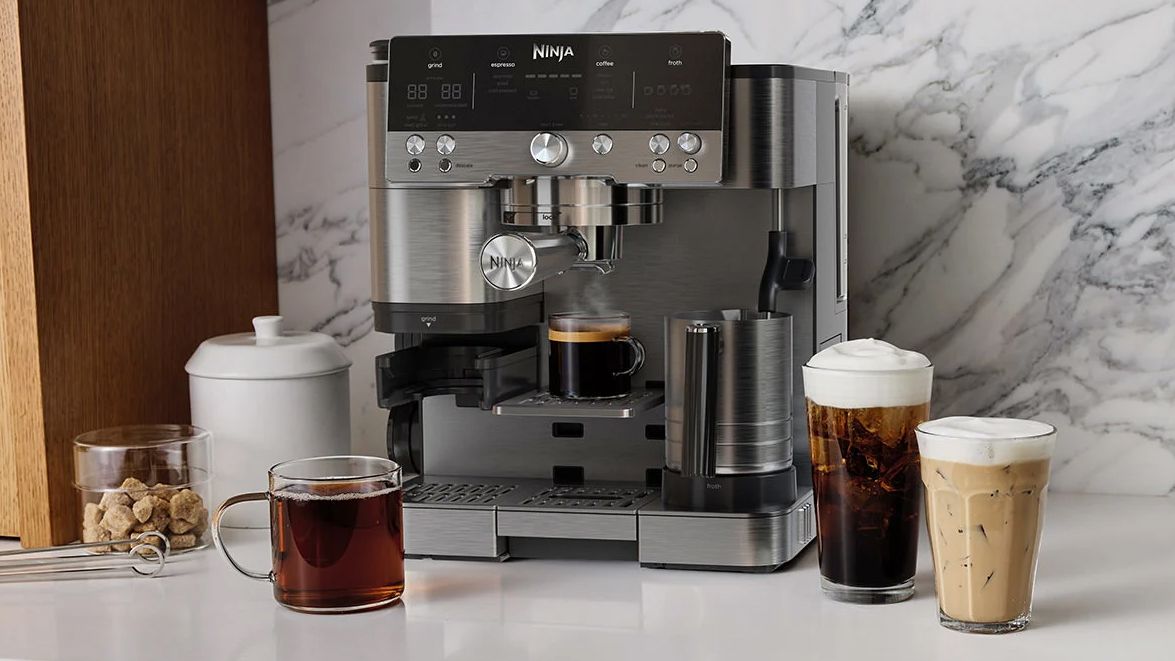 Ninja Luxe Café coffee machine with drinks on kitchen counter