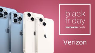 Verizon Black Friday deals hero image: iPhone 13 series on red background