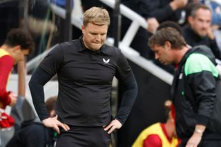 Eddie Howe, Manager of Newcastle United looks dejected after the Premier League match between Newcastle United and Liverpool FC at St. James' Park on August 27, 2023 in Newcastle, England. (Photo by Richard Sellers/Sportsphoto/Allstar via Getty Images)
