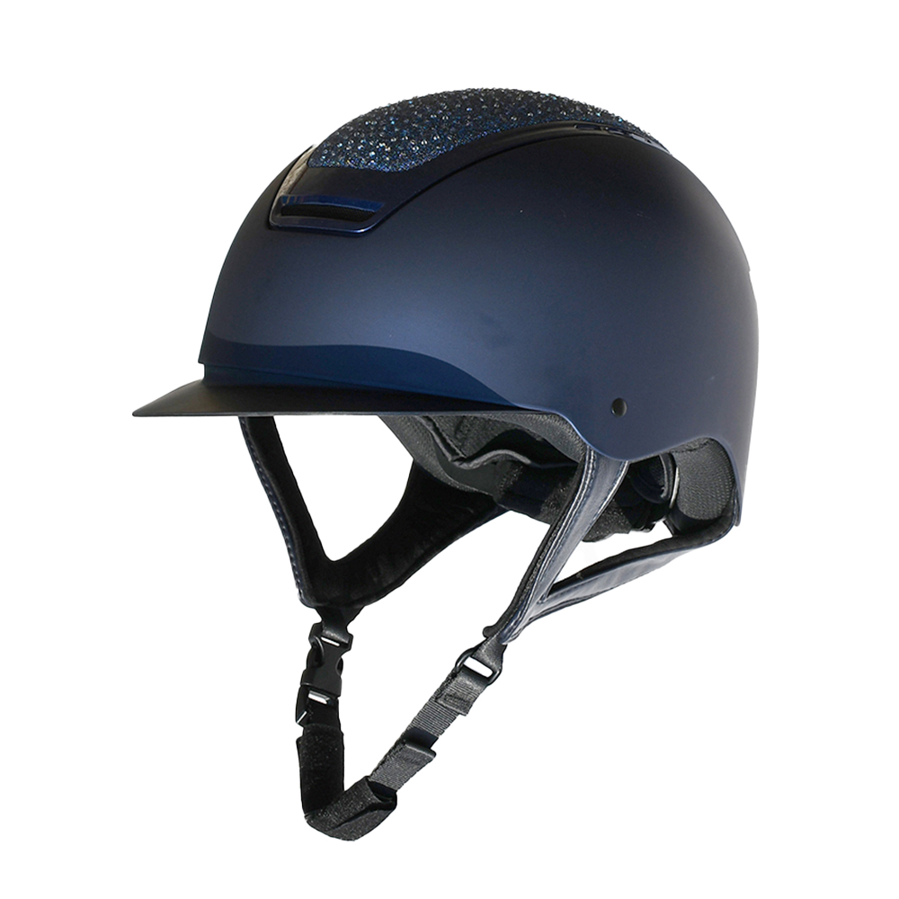 Close up of Rhinegold Odessa riding hat in navy