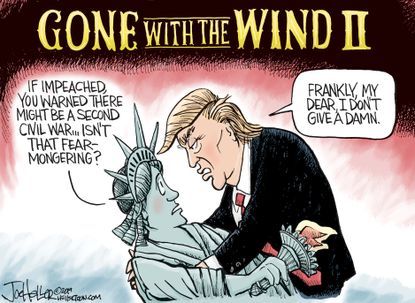 Political Cartoon U.S. Trump Statue of Liberty Ukraine impeachment Gone With the Wind
