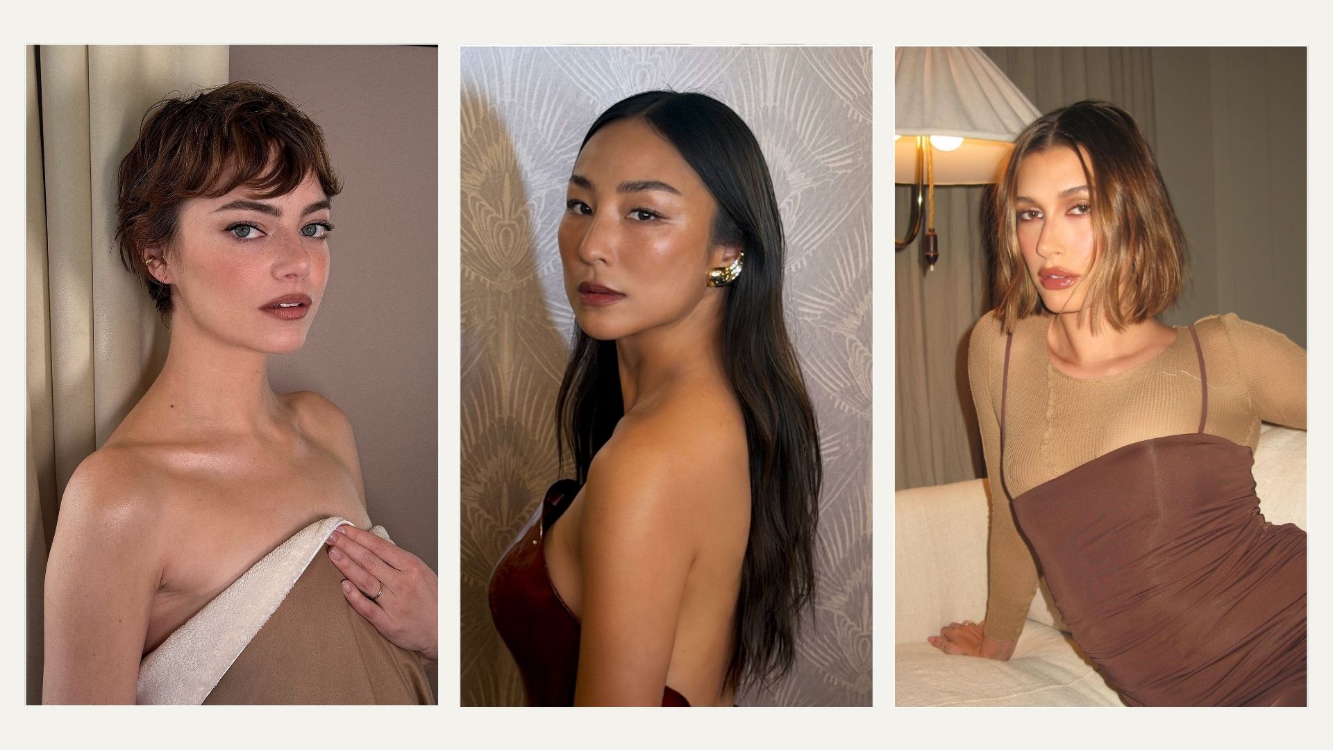 A collage of Emma Stone, Greta Lee and Hailey Bieber