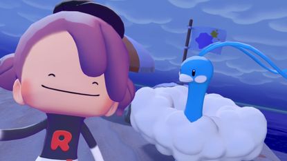 Posing with Altaria in Pokemon Pokopia with Ditto wearing a Team Rocket costume