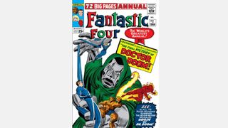 Doctor Doom holding the Fantastic Four in his hands on the cover of Fantastic Four Annual #2, which contains the Origin of Doctor Doom comic.