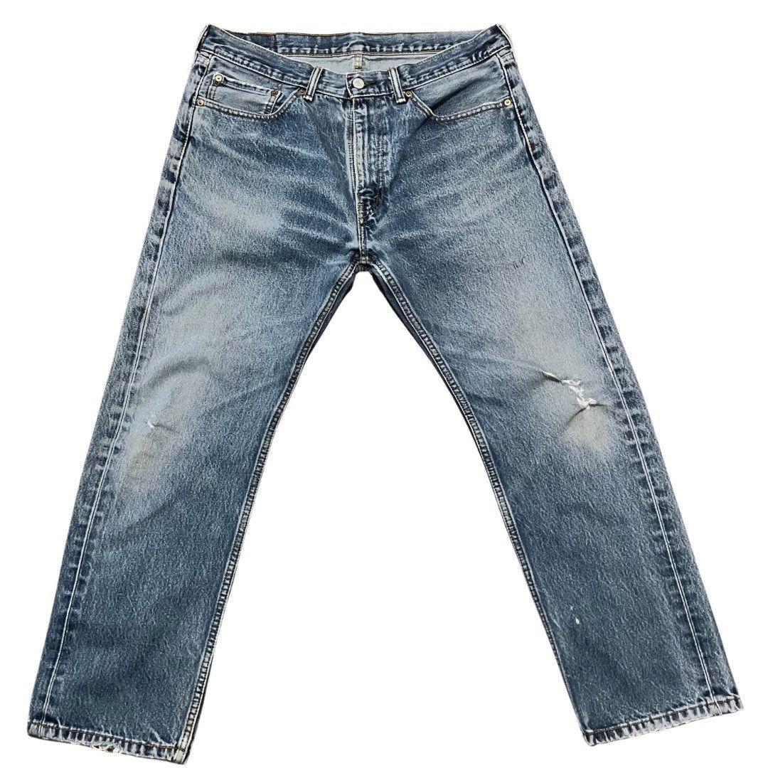 Vintage Levis 505 Jeans Mens 36x30 Straight Fit Biker Great Fades Whiskering Zip