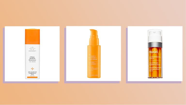 images of three of w&h best vitamin c serums picks on an orange background