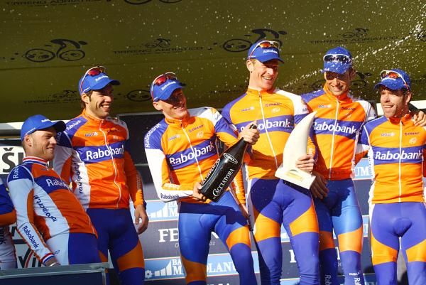 The Rabobank boys pop the cork after a successful first stage.