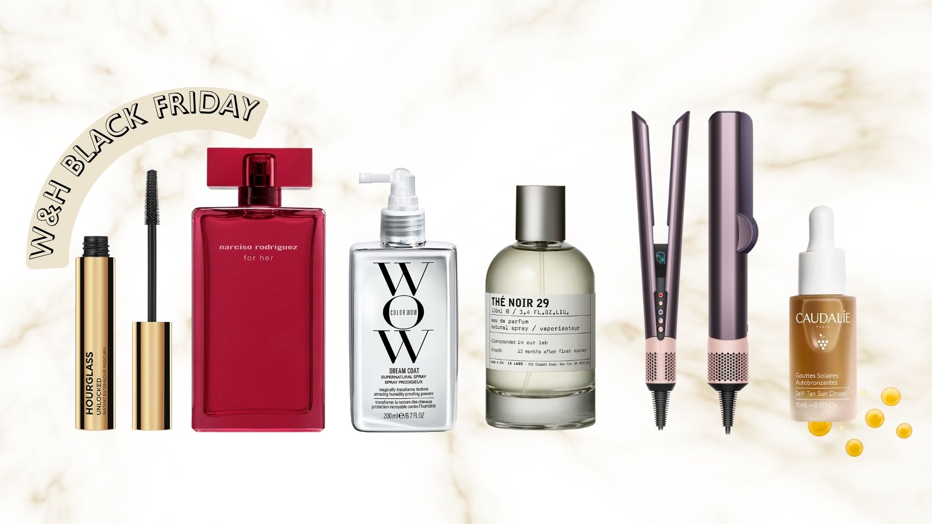 Hourglass Unlocked mascara, Narciso For Her EDP, Color Wow Dream Coat, Le Labo The Noir, Dyson Airstrait and Caudalie face bronzing drops on a white and gold marble-patterned background