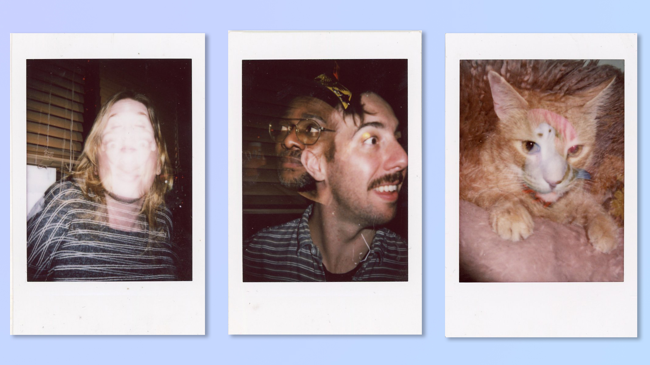 Three Instax photo prints scanned and overlaid on a blue background. All taken on a Fujifilm Instax mini 99 showing the Double Exposure mode. The first is a double exposure of a woman's face, the second is a double exposure overlaying two men's faces, the third is a double exposure overlaying a cat over a pigeon.