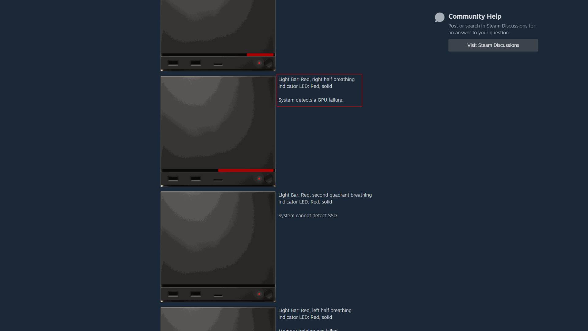 Steam Machine error codes with red box around "system detects a GPU failure".