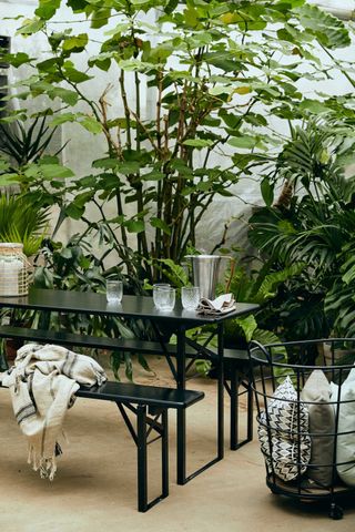 dining area with bench seating surrounded by plants