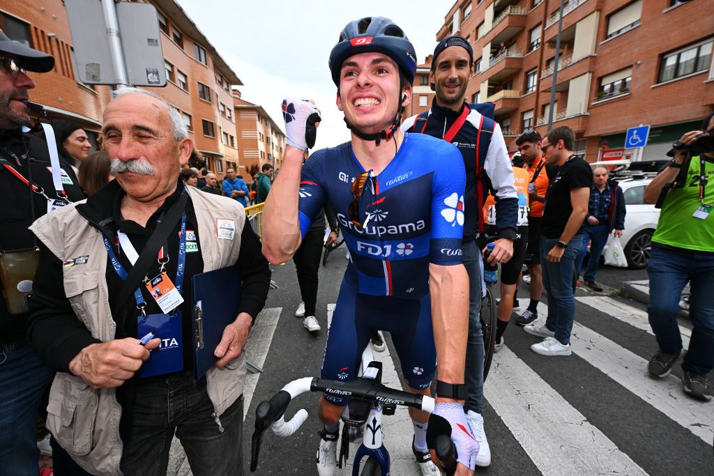 AMOREBIETA ETXANO SPAIN APRIL 05 Stage winner Romain Gregoire of France and Team Groupama FDJ reacts after the 63rd Itzulia Basque Country 2024 Stage 5 a 1759km stage from VitoriaGasteiz to AmorebietaEtxano UCIWT on April 05 2024 in AmorebietaEtxano Spain Photo by Tim de WaeleGetty Images