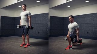 Man demonstrates two positions of the lunge exercise while holding dumbbells by his sides