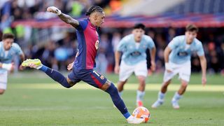 Raphinha of FC Barcelona scores a goal during the LaLiga EA Sports match between FC Barcelona v Celta de Vigo in April 2025