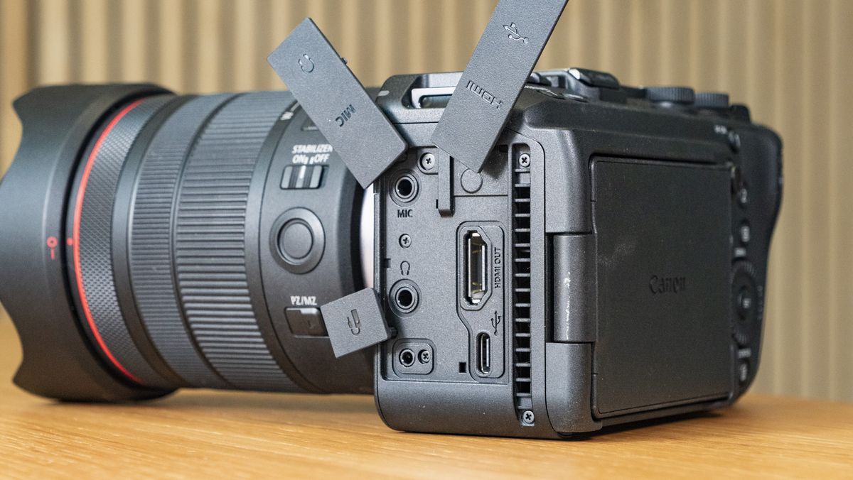 Closeup of the Canon EOS R6 V mirrorless camera's connection ports