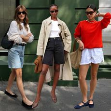 fashion collage of three style influencers including Kim Turkington, Sylvie Mus, and Sasha Mei wearing chic transitional fall outfits that feature shorts like denim short and boxer shorts