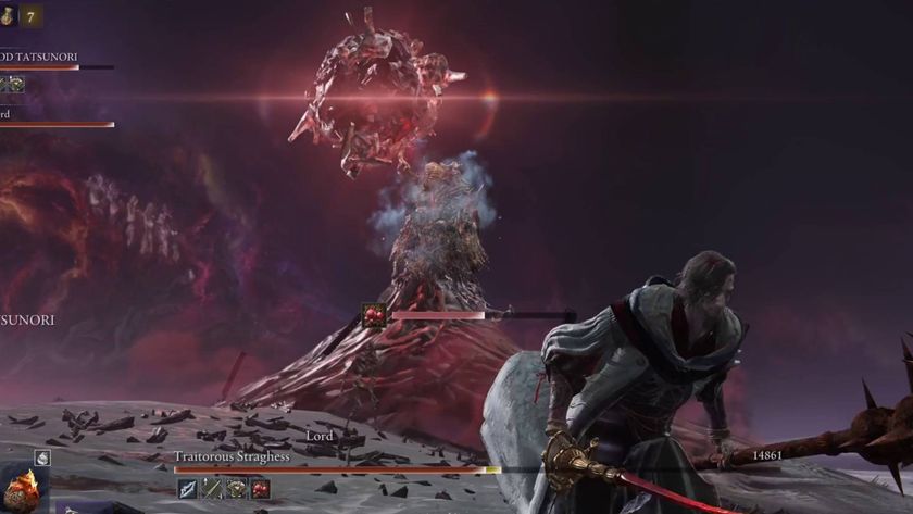 Elden Ring Nightreign Dreglord holding rot bomb up as Scholar runs away