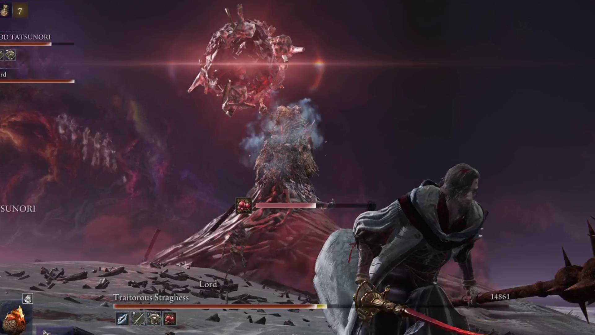 Elden Ring Nightreign Dreglord holding rot bomb up as Scholar runs away