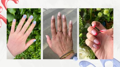 A collage of our beauty team's may nails, including a cool-toned lavender nail look, a creamy coconut almond nail look and a coral French tip manicure/ all featured in a grey and white template with nail polish spills.