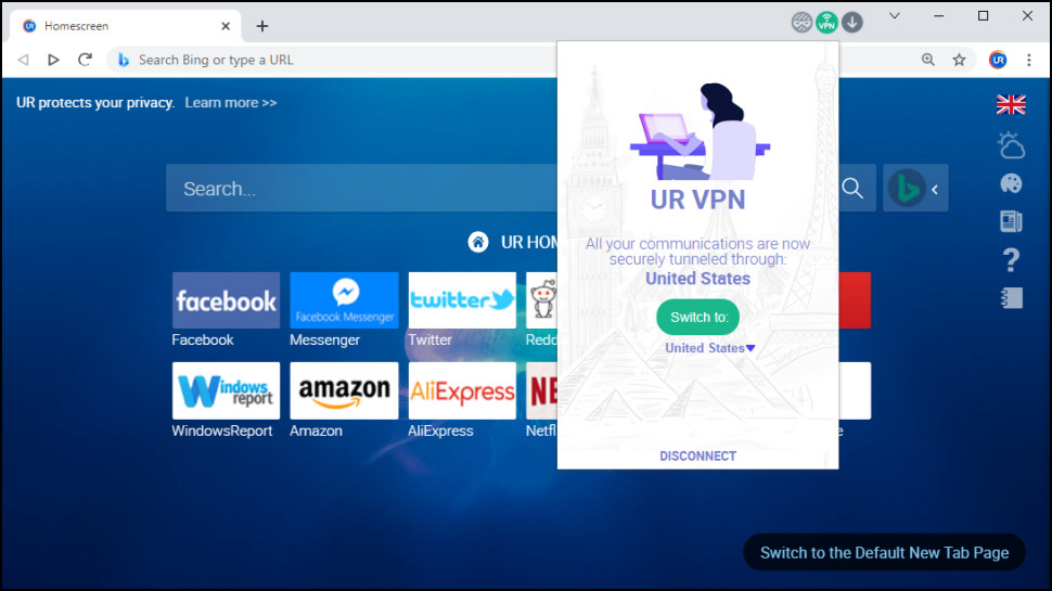 A screenshot of UR Browser showing your VPN