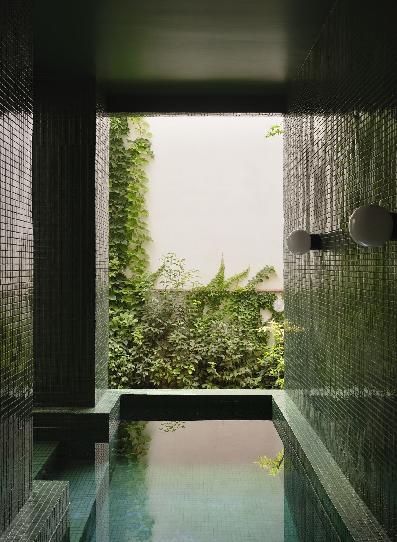 outdoor pool with moss green tiles