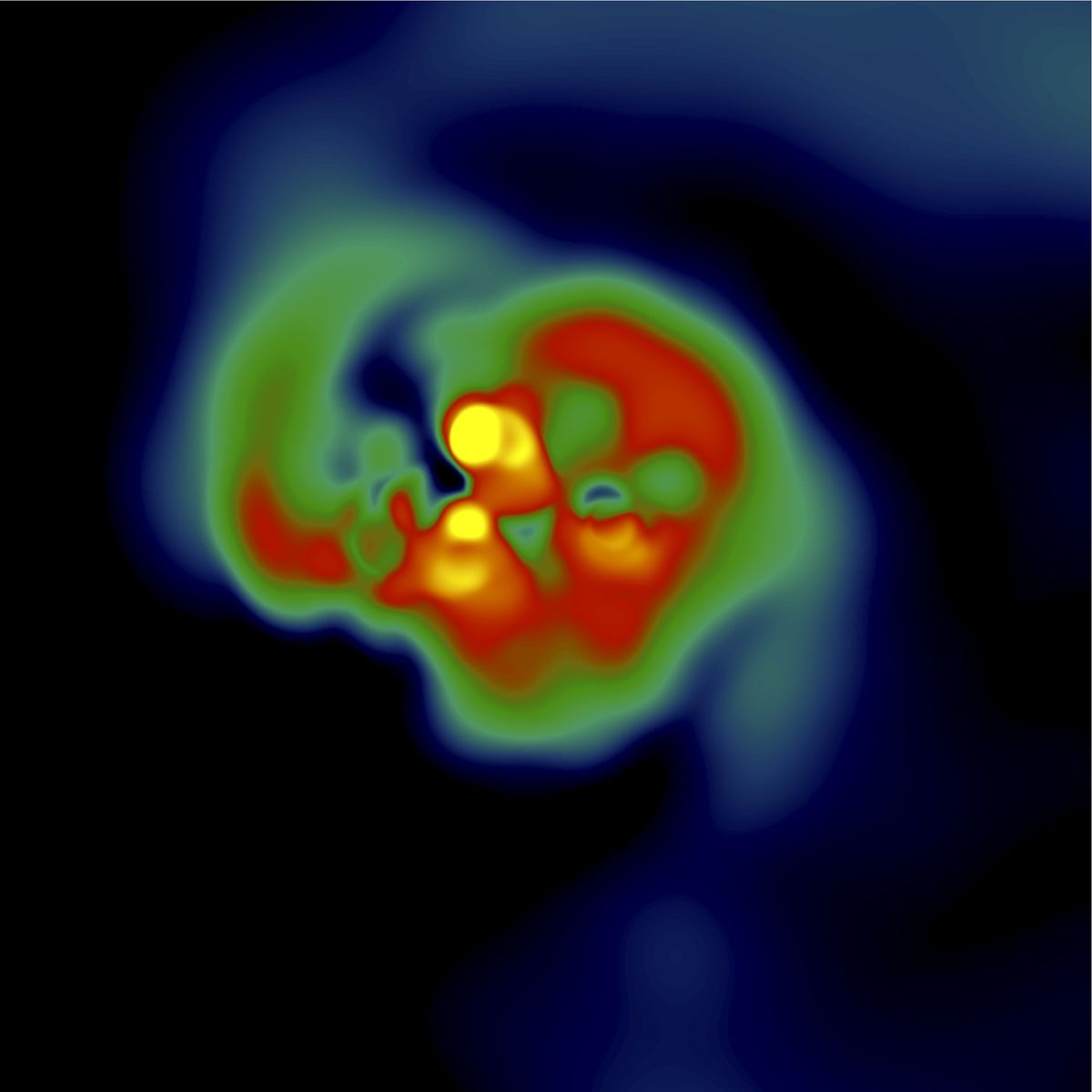 This image depicts a simulation of the formation of the first stars showing fast rotation. 