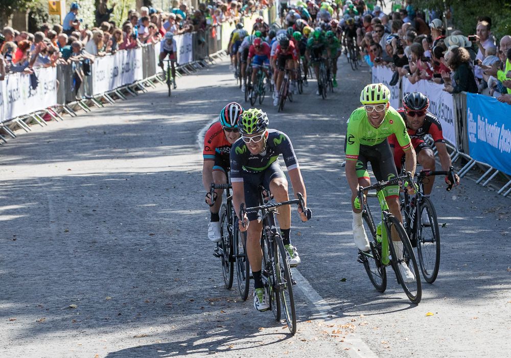 The leaders arrive at the finish in the Royal Victoria Park during stage 5 at the Tour of Britain
