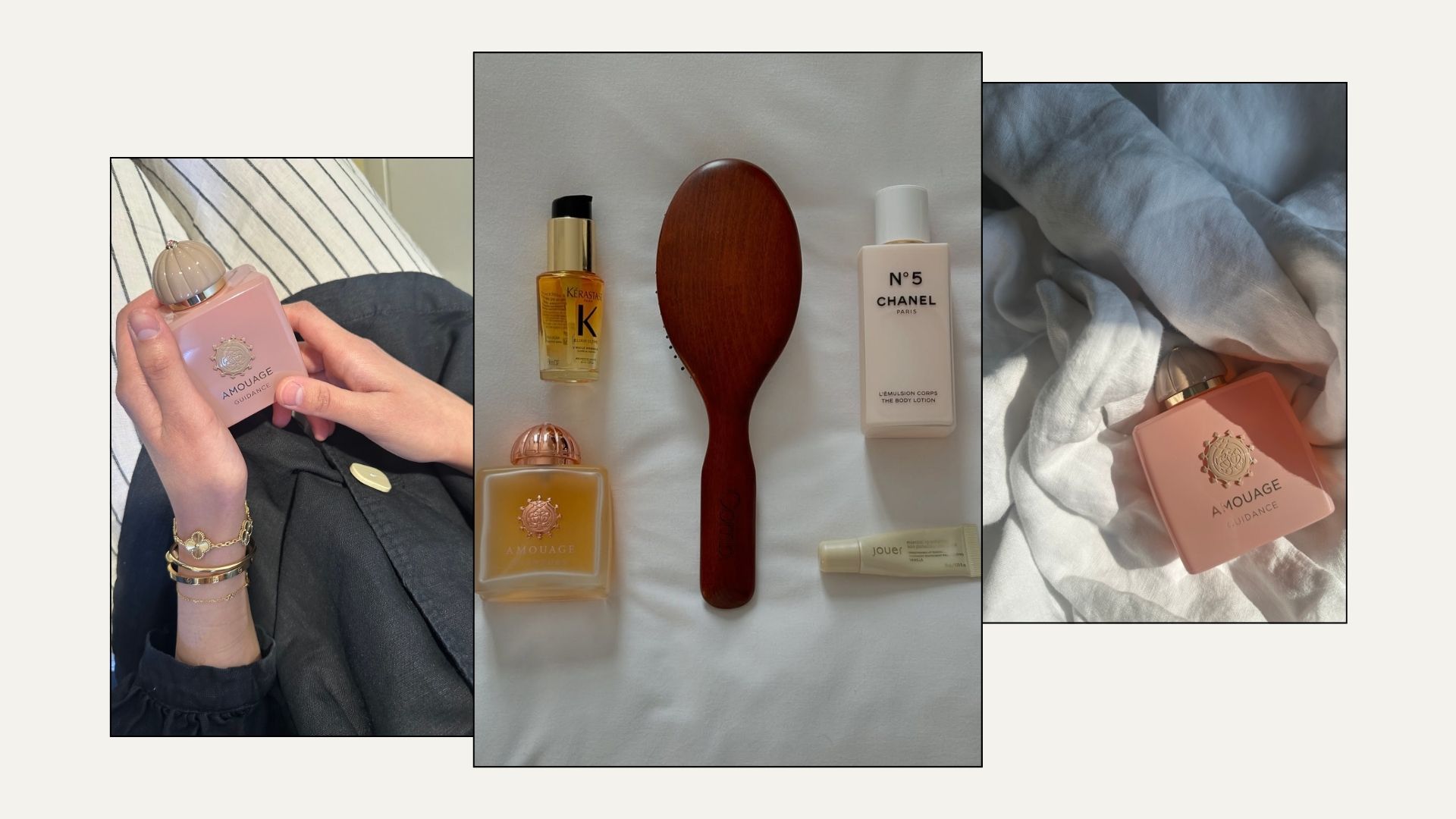 Amouage perfume laid out on a white sheet with a hairbrush and other beauty products