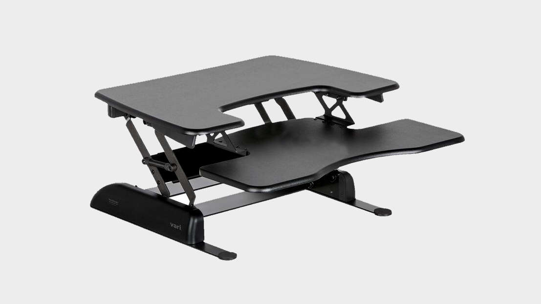 Image of the VariDesk Pro Plus convertible desktop shot at a three quarter angle.