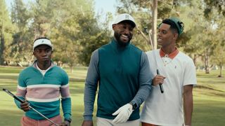 Olly Sholotan as Carlton, Adrian Holmes as Philip and Jabari Banks as Will on a golf course in Bel-Air season 2