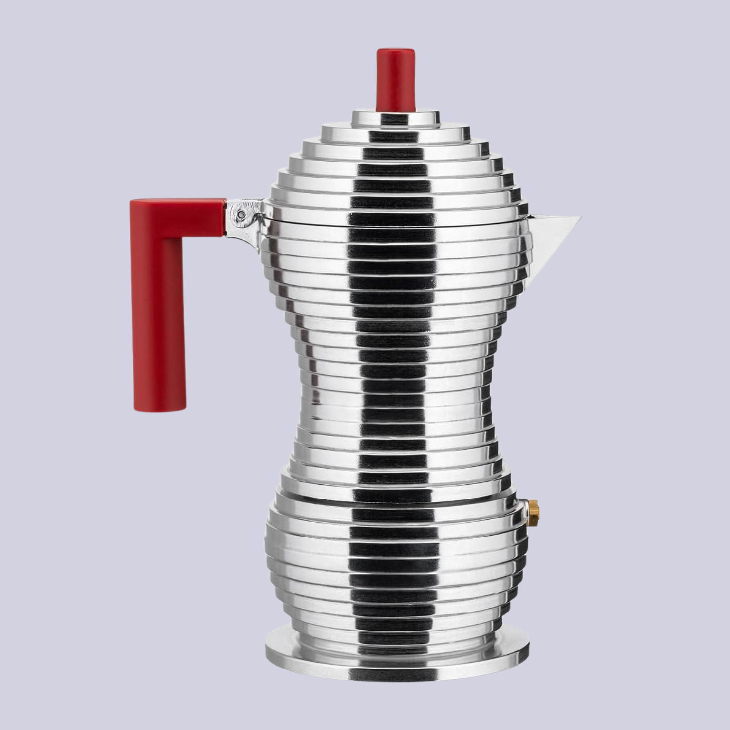 A ridged silver moka pot with a red handle and top