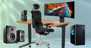 Several home office products on a colored background