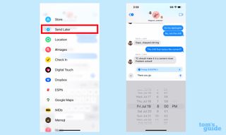 two screenshots showing how to schedule texts to send them later in iOS 18 messages