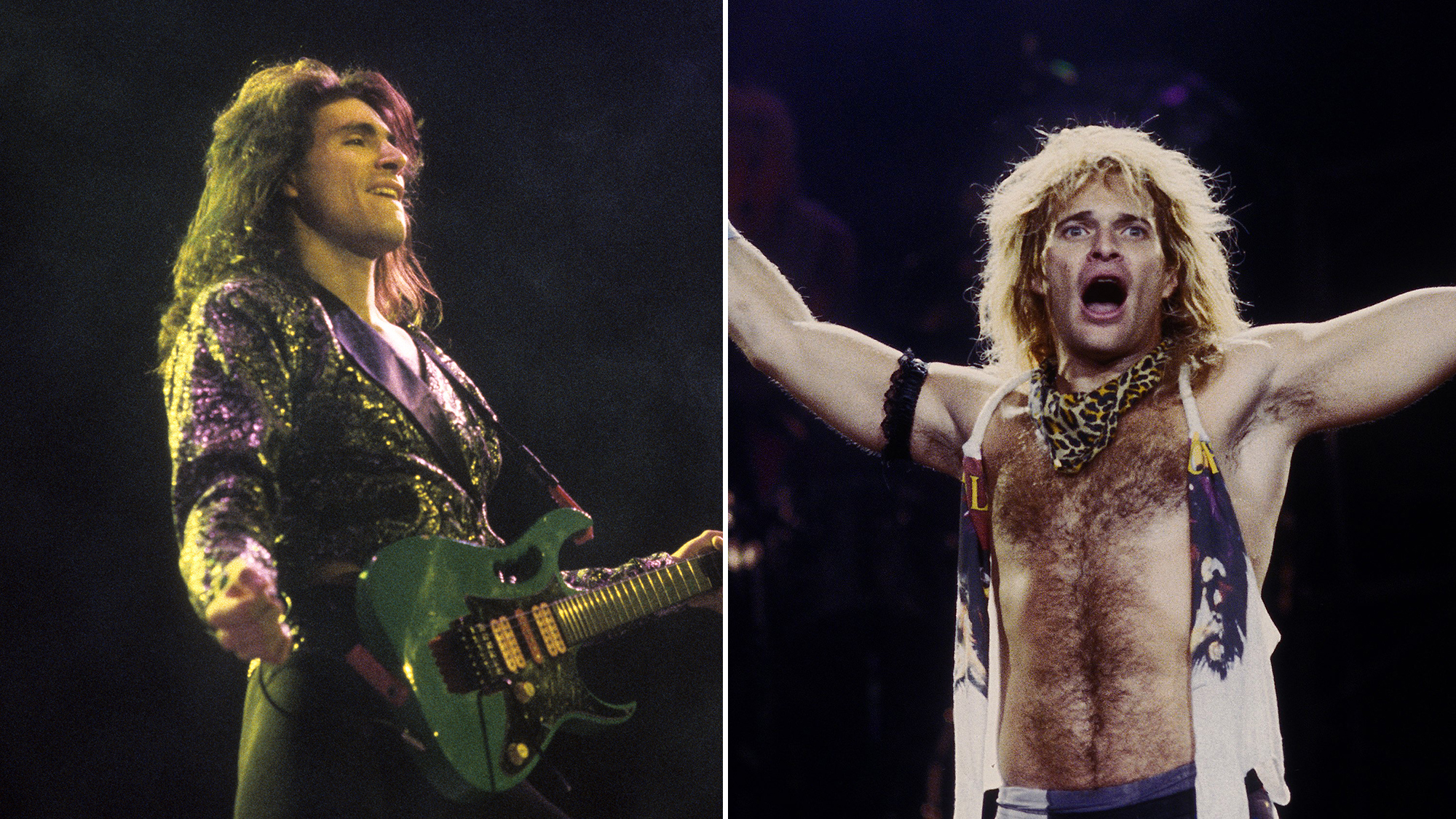 Steve Vai performing with David Lee Roth at the Oakland Coliseum in 1986 / David Lee Roth playing in &#039;David Lee Roth band&#039; performing at Cal Expo in Sacramento, California on June 14, 198